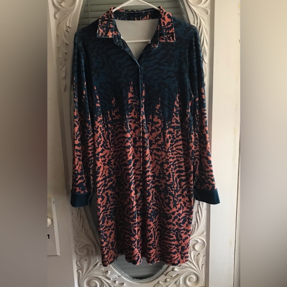 Velvet Animal Print  Long Sleeve Button Front Mini Dress Duster Women Size L